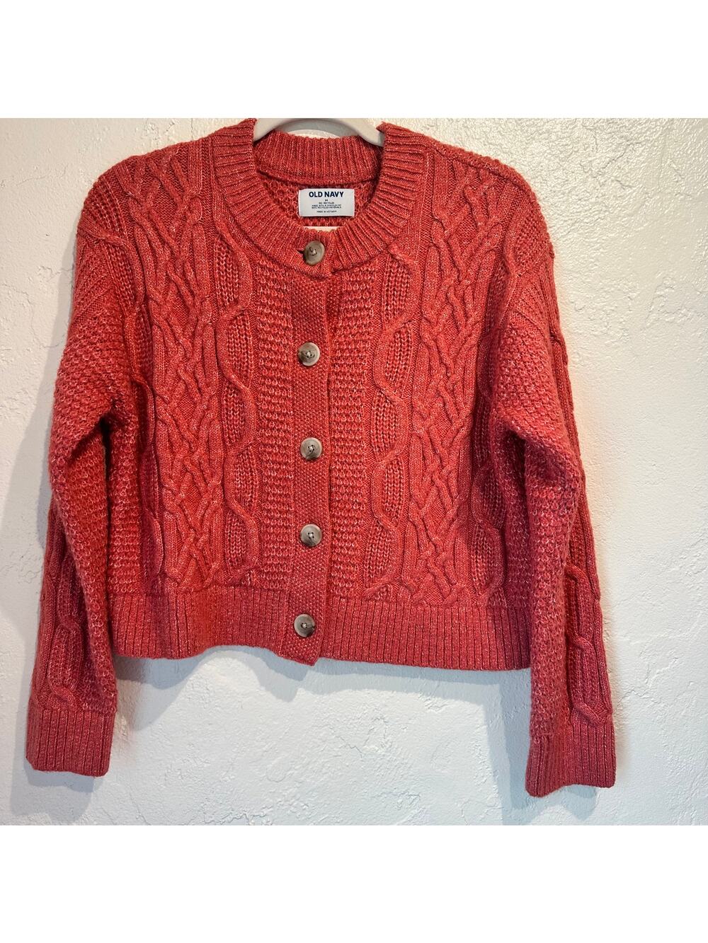 Old Navy Medium Crop Cardigan Chunky Cable Knit Cedar Rose Button Front